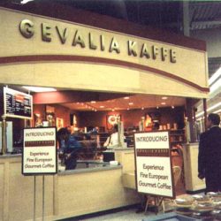 Gevalia branded coffee vending kiosk in supermarket