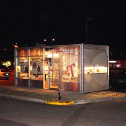 Prefabricated cell phone store is factory built, movable building.