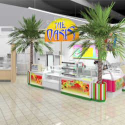 Foodservice kiosk with coffee, ice cream, sandwiches