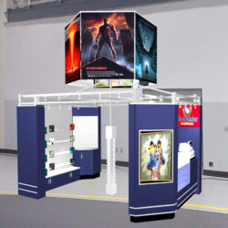 Indoor walk in retail kiosk gift shop with slat wall
