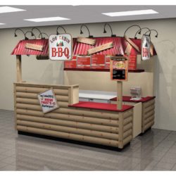 Indoor food kiosk stand for BBQ sandwiches and beverages