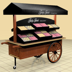 Retail food service vending cart displays candy fudge