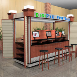Mobile retail kiosk with slat wall for catalog orders, photo developing