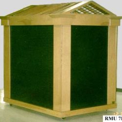 Roll down aluminum slat security panels on retail merchandising kiosk