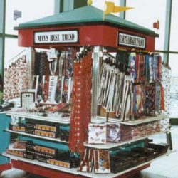 Mall kiosk with display brackets selling neck ties