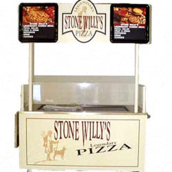 Portable pizza vending cart with menu board, sneeze shield